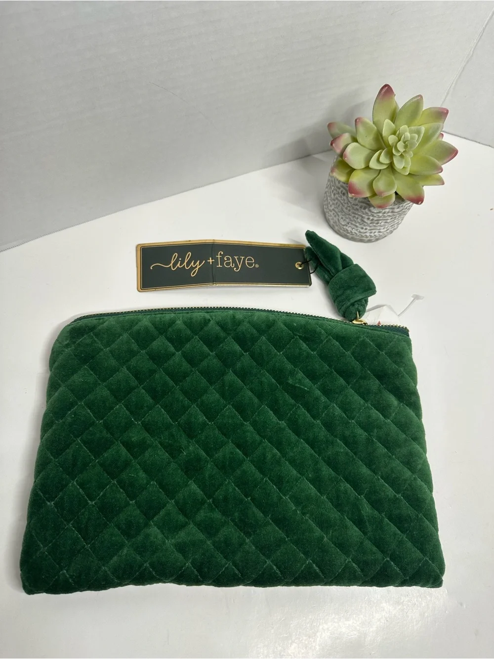 Lily Green Quilted Velvet Cosmetic Pouch with Gold Sequin M